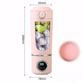 Mini liquidificador portátil roxo com display digital inteligente, ideal para smoothies e sucos. Equipado com 4 velocidades, 12 lâminas de aço e carregamento rápido via USB. Perfeito para uso diário e transporte fácil.
