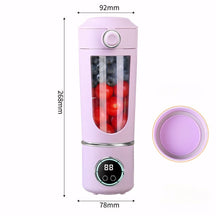 Mini liquidificador portátil roxo com display digital inteligente, ideal para smoothies e sucos. Equipado com 4 velocidades, 12 lâminas de aço e carregamento rápido via USB. Perfeito para uso diário e transporte fácil.