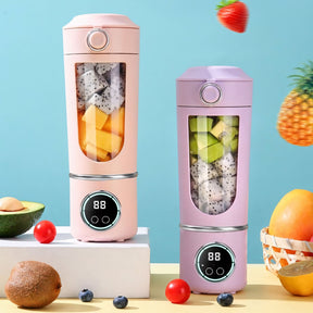 Mini liquidificador portátil roxo com display digital inteligente, ideal para smoothies e sucos. Equipado com 4 velocidades, 12 lâminas de aço e carregamento rápido via USB. Perfeito para uso diário e transporte fácil.