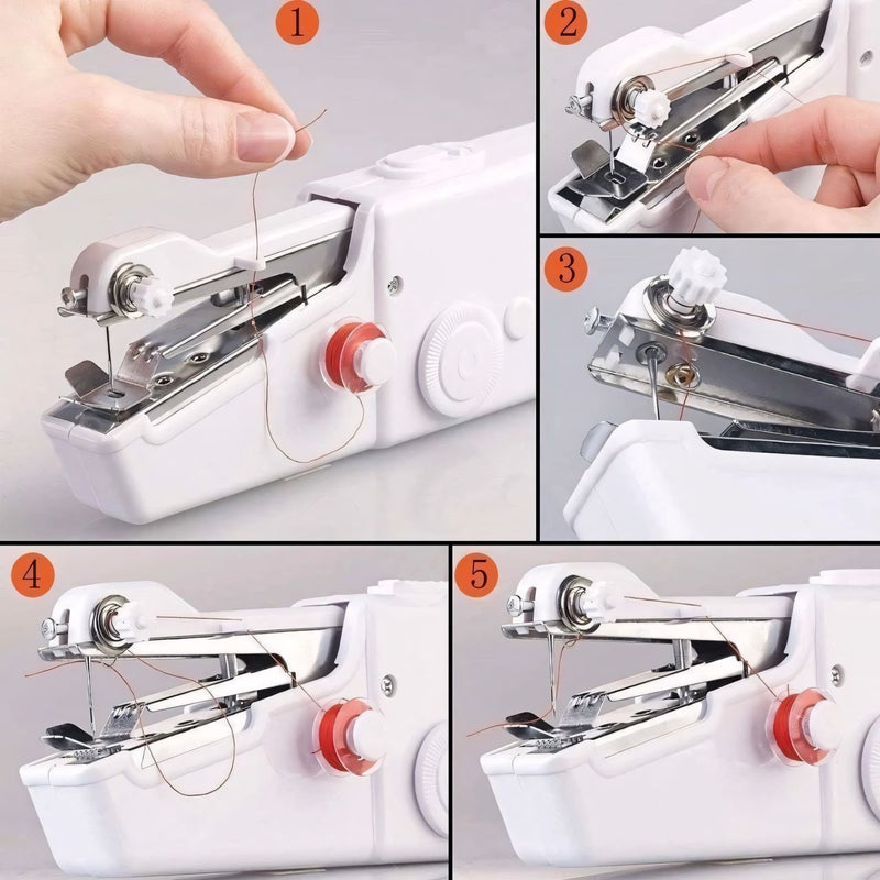 Mini máquina de costura portátil Costure Fácil™ branca, ideal para reparos rápidos em tecidos como jeans, seda e couro. Compacta, leve e alimentada por pilhas. Perfeita para usar em casa ou levar na bolsa.