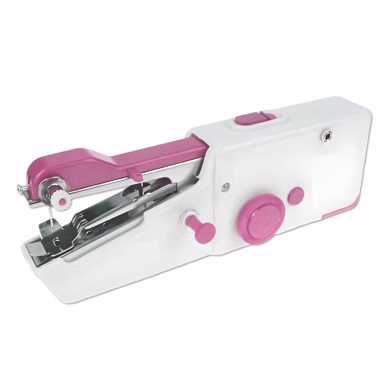 Mini máquina de costura portátil Costure Fácil™ branca, ideal para reparos rápidos em tecidos como jeans, seda e couro. Compacta, leve e alimentada por pilhas. Perfeita para usar em casa ou levar na bolsa.