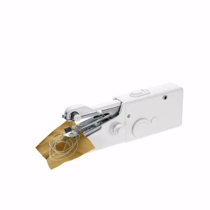 Mini máquina de costura portátil Costure Fácil™ branca, ideal para reparos rápidos em tecidos como jeans, seda e couro. Compacta, leve e alimentada por pilhas. Perfeita para usar em casa ou levar na bolsa.