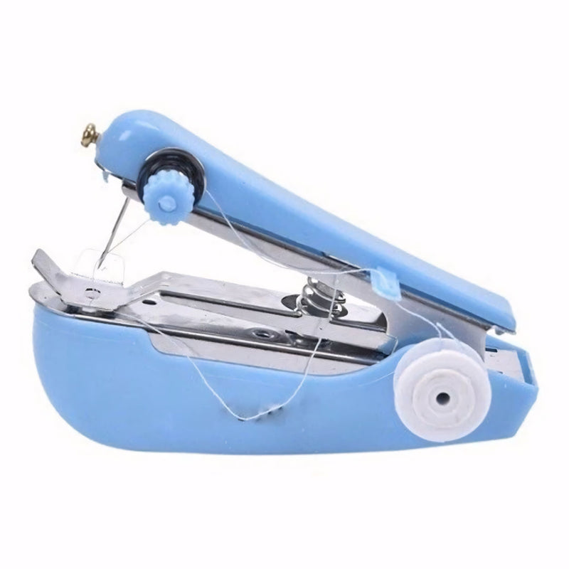 Mini máquina de costura portátil branca, ideal para reparos rápidos em seda, algodão e jeans, prática para viagens e uso diário, sem necessidade de energia elétrica.