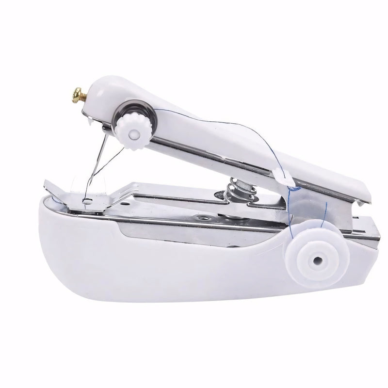 Mini máquina de costura portátil branca, ideal para reparos rápidos em seda, algodão e jeans, prática para viagens e uso diário, sem necessidade de energia elétrica.