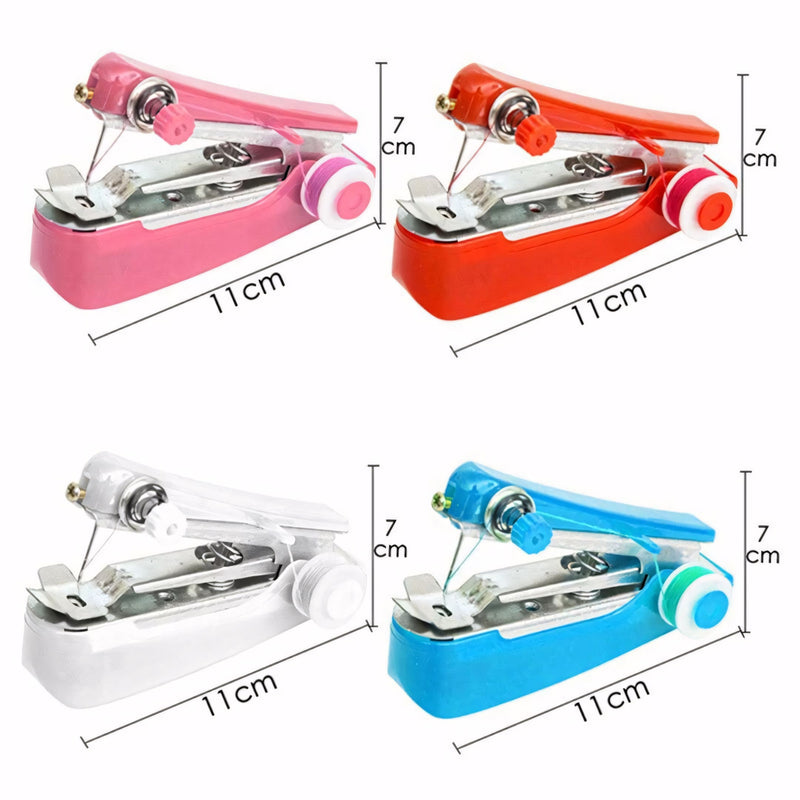 Mini máquina de costura portátil branca, ideal para reparos rápidos em seda, algodão e jeans, prática para viagens e uso diário, sem necessidade de energia elétrica.