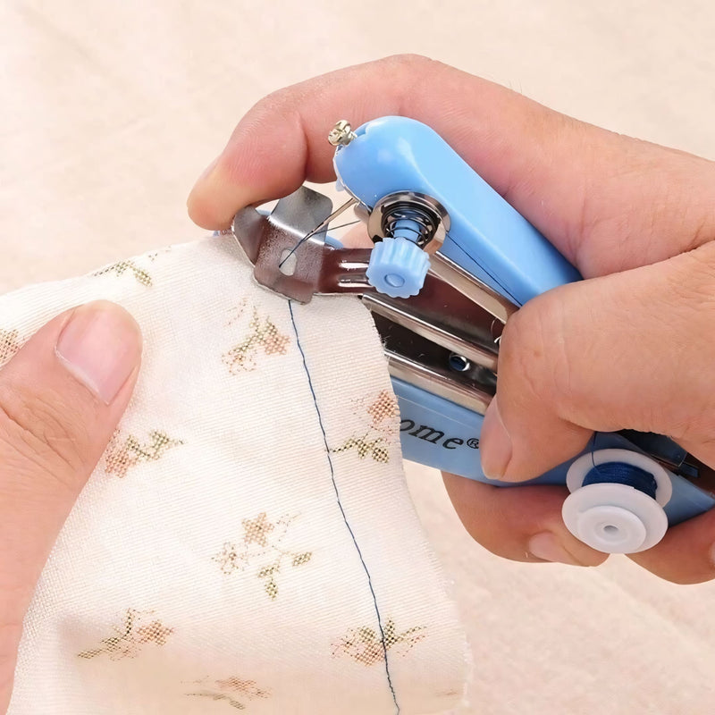 Mini máquina de costura portátil branca, ideal para reparos rápidos em seda, algodão e jeans, prática para viagens e uso diário, sem necessidade de energia elétrica.