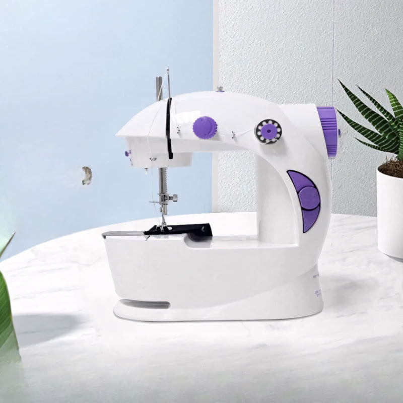 Mini máquina de costura portátil com 12 pontos, luz LED, pedal e ajuste de velocidade. Ideal para costuras criativas e reparos com acabamento profissional.