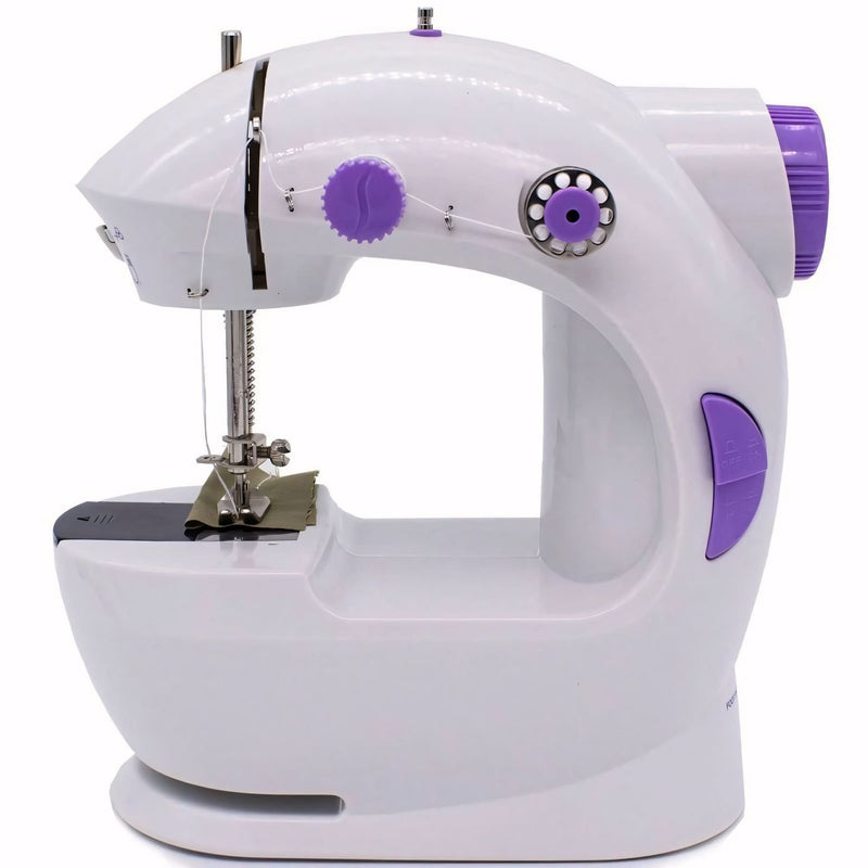 Mini máquina de costura portátil com 12 pontos, luz LED, pedal e ajuste de velocidade. Ideal para costuras criativas e reparos com acabamento profissional.