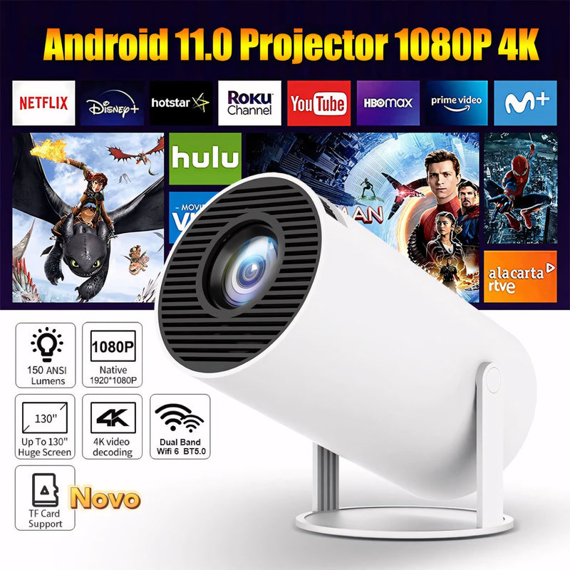 Projetor HY300 PRO com sistema Android, conexão sem fio, projeção ajustável e imagem em alta definição. Ideal para filmes, jogos e apresentações em qualquer ambiente.