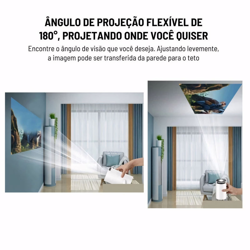 Projetor HY300 PRO com sistema Android, conexão sem fio, projeção ajustável e imagem em alta definição. Ideal para filmes, jogos e apresentações em qualquer ambiente.