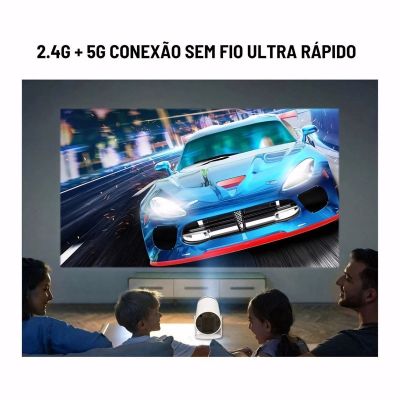 Projetor HY300 PRO com sistema Android, conexão sem fio, projeção ajustável e imagem em alta definição. Ideal para filmes, jogos e apresentações em qualquer ambiente.