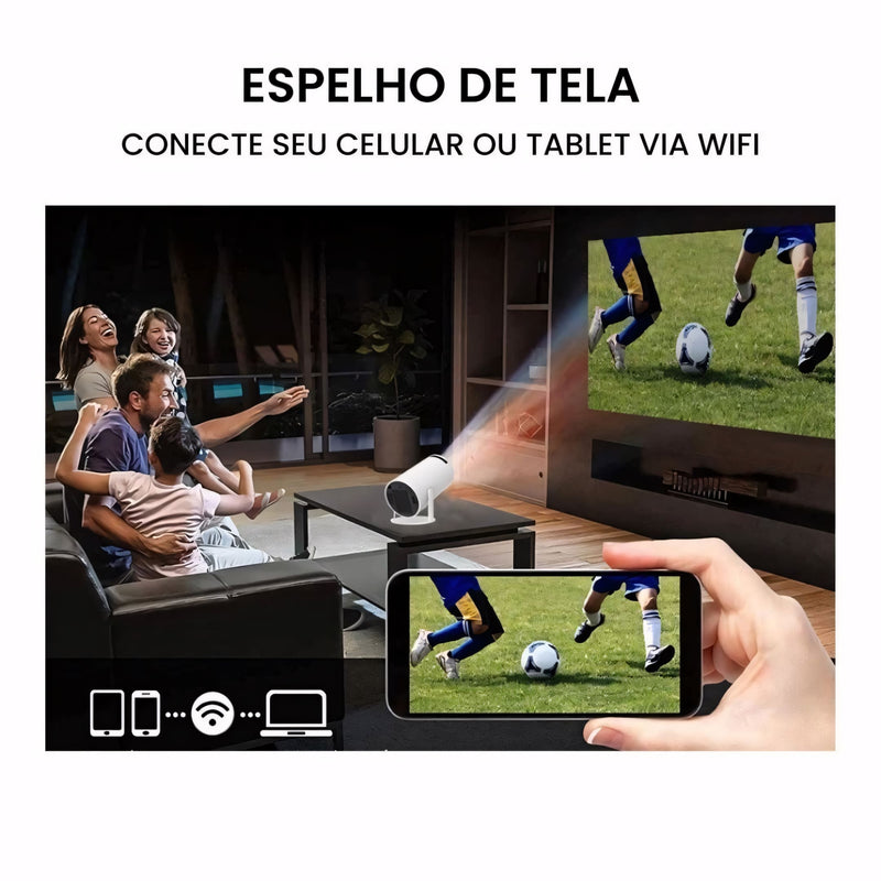 Projetor HY300 PRO com sistema Android, conexão sem fio, projeção ajustável e imagem em alta definição. Ideal para filmes, jogos e apresentações em qualquer ambiente.