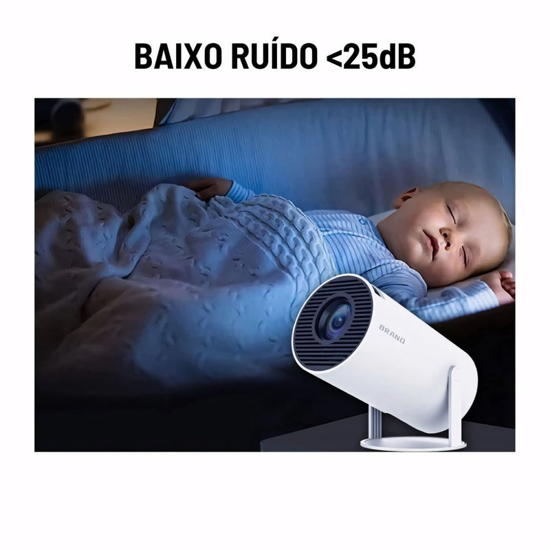 Projetor HY300 PRO com sistema Android, conexão sem fio, projeção ajustável e imagem em alta definição. Ideal para filmes, jogos e apresentações em qualquer ambiente.