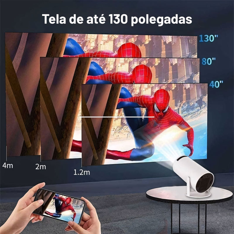 Projetor HY300 PRO com sistema Android, conexão sem fio, projeção ajustável e imagem em alta definição. Ideal para filmes, jogos e apresentações em qualquer ambiente.