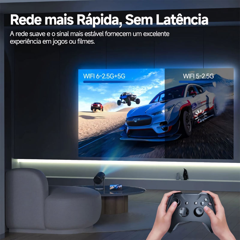 Projetor Com Suporte 4K - Datashow Profissional, Wi-Fi 6, Android 11 e rotação de 270°. Perfeito para projeções em teto, parede ou chão, com imagem de até 130” em alta definição e design compacto.
