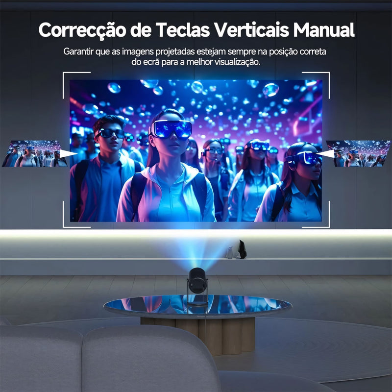 Projetor Com Suporte 4K - Datashow Profissional, Wi-Fi 6, Android 11 e rotação de 270°. Perfeito para projeções em teto, parede ou chão, com imagem de até 130” em alta definição e design compacto.