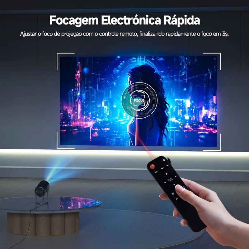 Projetor Com Suporte 4K - Datashow Profissional, Wi-Fi 6, Android 11 e rotação de 270°. Perfeito para projeções em teto, parede ou chão, com imagem de até 130” em alta definição e design compacto.