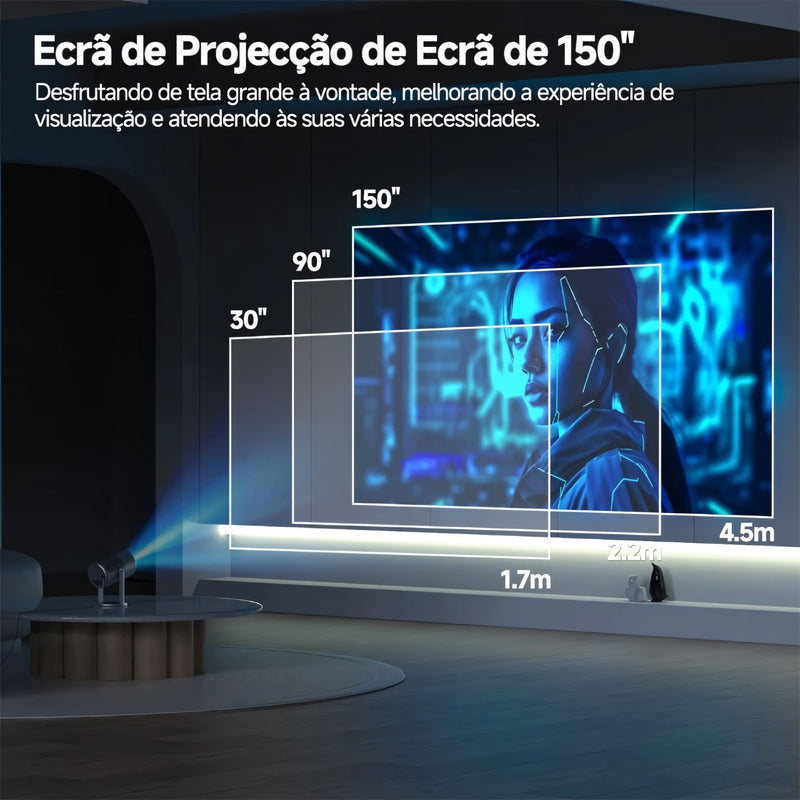 Projetor Com Suporte 4K - Datashow Profissional, Wi-Fi 6, Android 11 e rotação de 270°. Perfeito para projeções em teto, parede ou chão, com imagem de até 130” em alta definição e design compacto.