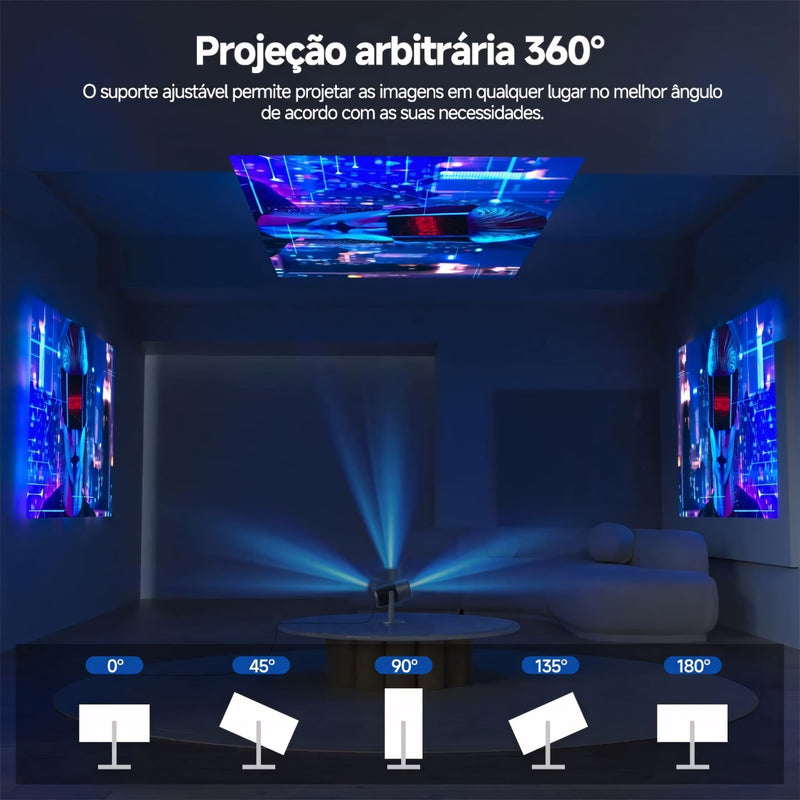 Projetor Com Suporte 4K - Datashow Profissional, Wi-Fi 6, Android 11 e rotação de 270°. Perfeito para projeções em teto, parede ou chão, com imagem de até 130” em alta definição e design compacto.