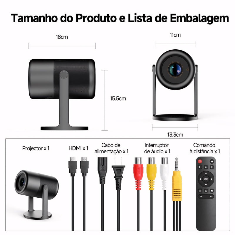 Projetor Com Suporte 4K - Datashow Profissional, Wi-Fi 6, Android 11 e rotação de 270°. Perfeito para projeções em teto, parede ou chão, com imagem de até 130” em alta definição e design compacto.