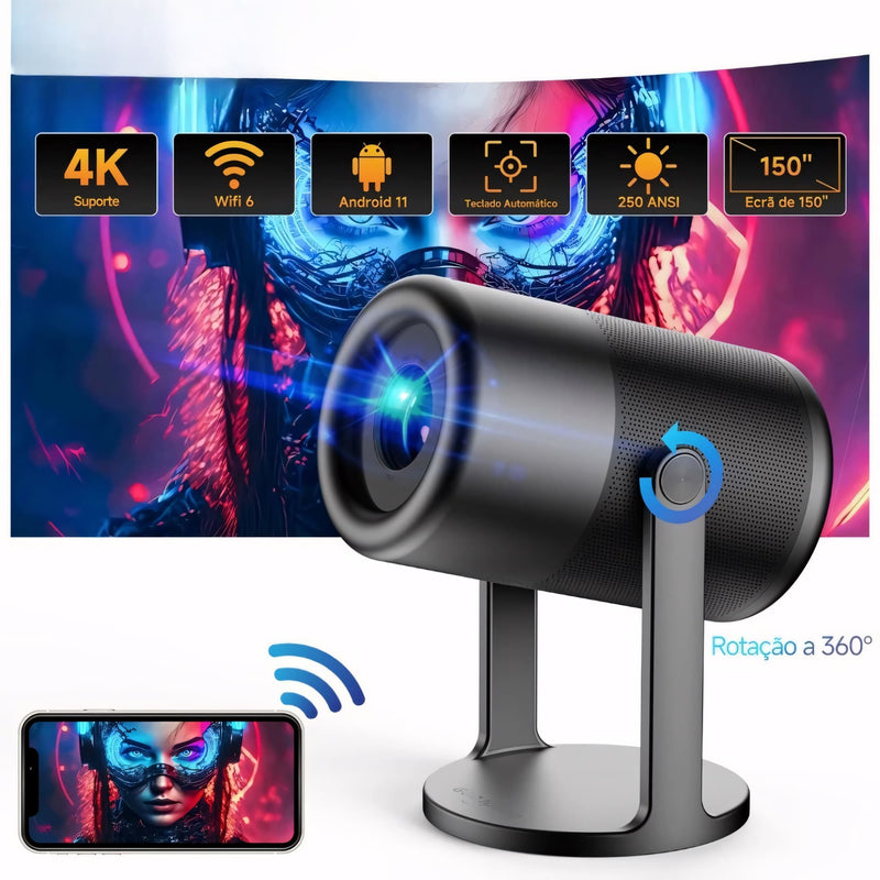 Projetor Com Suporte 4K - Datashow Profissional, Wi-Fi 6, Android 11 e rotação de 270°. Perfeito para projeções em teto, parede ou chão, com imagem de até 130” em alta definição e design compacto.