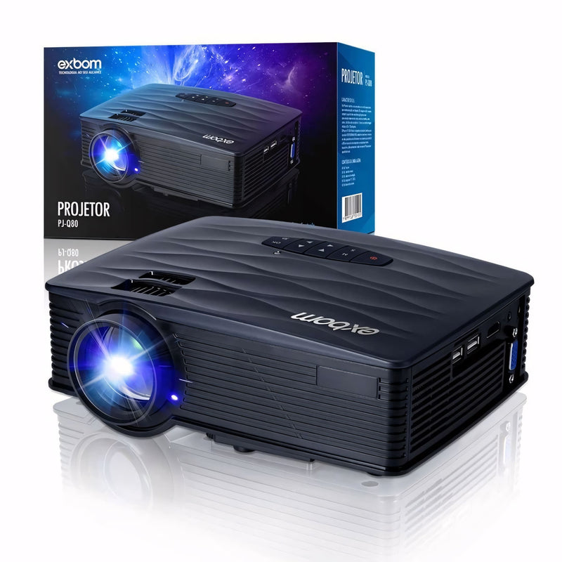Projetor portátil com design compacto e elegante, projeção de até 120 polegadas, conexão USB, SD, HDMI, ideal para apresentações, aulas, filmes e reuniões empresariais.