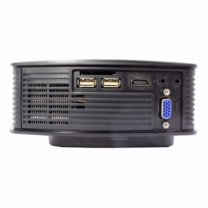 Projetor portátil com design compacto e elegante, projeção de até 120 polegadas, conexão USB, SD, HDMI, ideal para apresentações, aulas, filmes e reuniões empresariais.