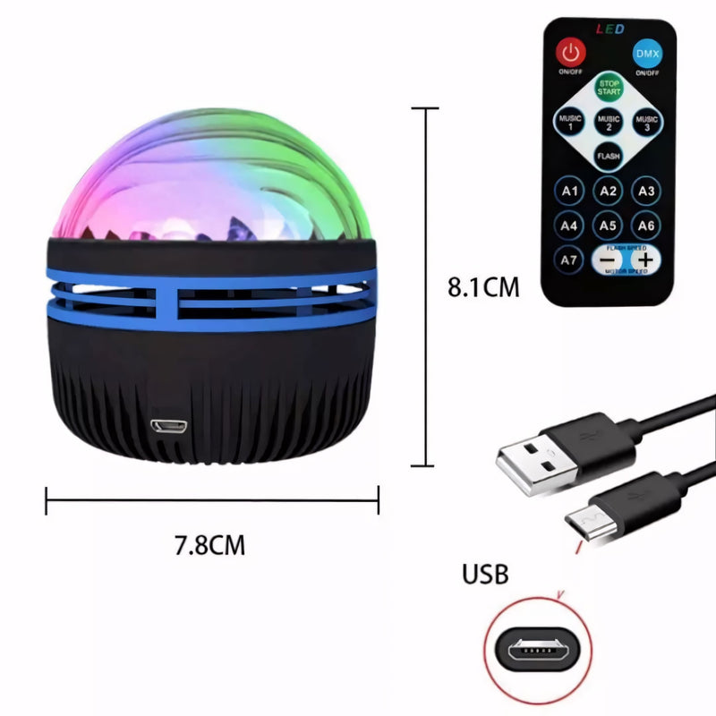 Projetor giratório LED compacto, com rotação 360°, controle remoto e efeitos de luz que simulam aurora boreal e ondas do mar. Ideal para relaxamento e decoração.