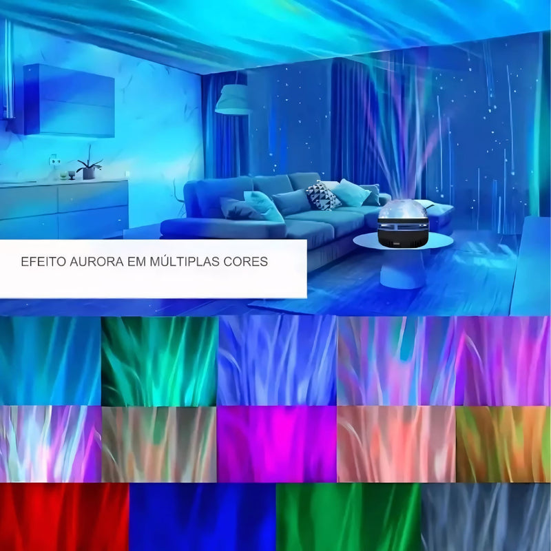 Projetor giratório LED compacto, com rotação 360°, controle remoto e efeitos de luz que simulam aurora boreal e ondas do mar. Ideal para relaxamento e decoração.