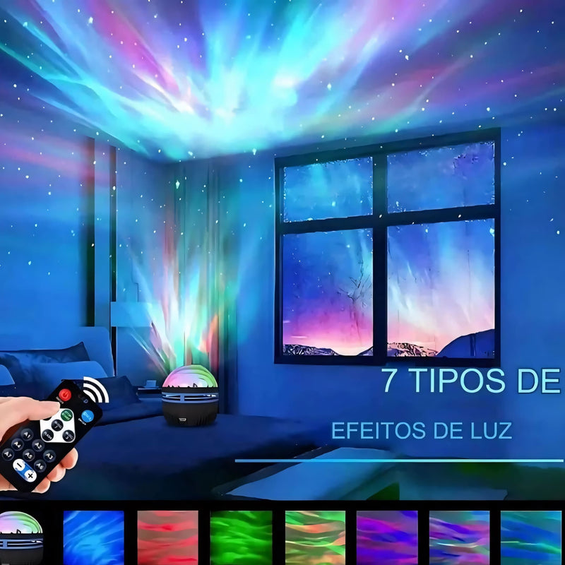 Projetor giratório LED compacto, com rotação 360°, controle remoto e efeitos de luz que simulam aurora boreal e ondas do mar. Ideal para relaxamento e decoração.