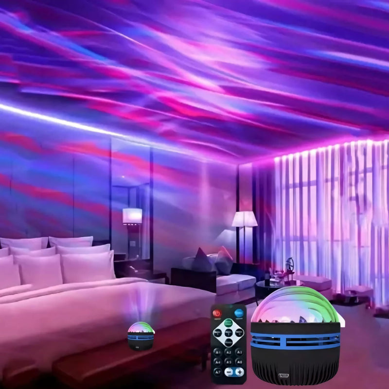 Projetor giratório LED compacto, com rotação 360°, controle remoto e efeitos de luz que simulam aurora boreal e ondas do mar. Ideal para relaxamento e decoração.