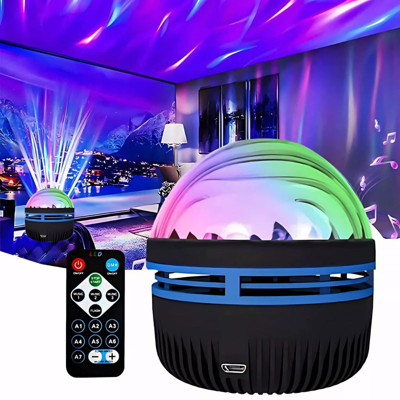 Projetor giratório LED compacto, com rotação 360°, controle remoto e efeitos de luz que simulam aurora boreal e ondas do mar. Ideal para relaxamento e decoração.