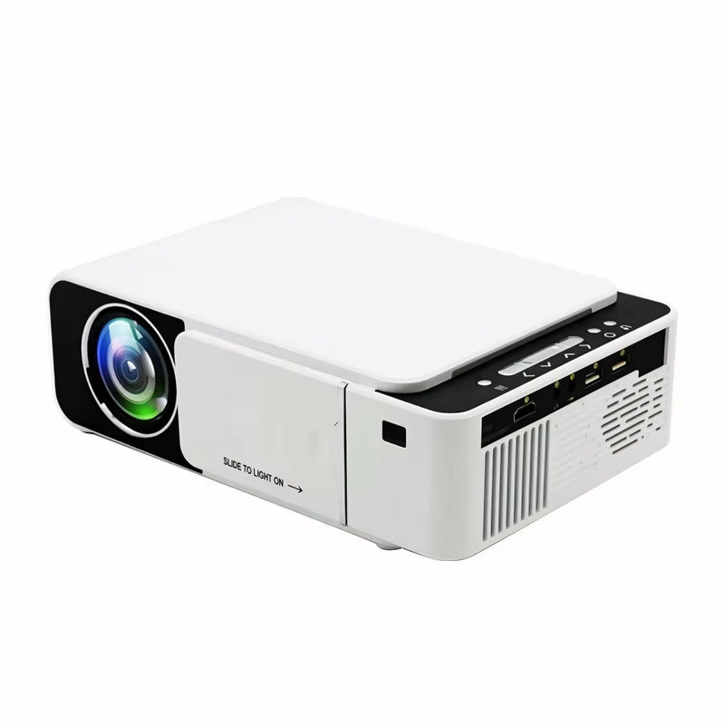 Projetor portátil LED com suporte a Full HD, diversas entradas como HDMI, USB e VGA, som integrado e projeção ajustável de até 170 polegadas. Perfeito para home theater e uso profissional.