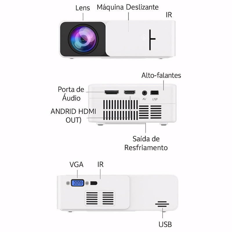 Projetor portátil LED com suporte a Full HD, diversas entradas como HDMI, USB e VGA, som integrado e projeção ajustável de até 170 polegadas. Perfeito para home theater e uso profissional.