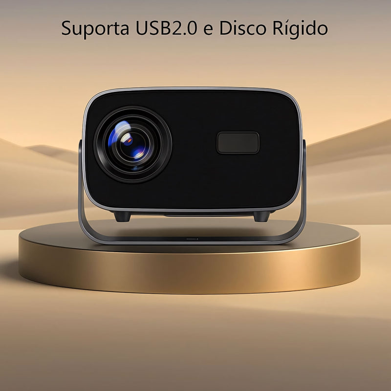 Projetor portátil com Android, Wi-Fi e HDMI. Compacto, moderno e ideal para transformar qualquer espaço em um cinema com imagem de alta definição e ampla conectividade.