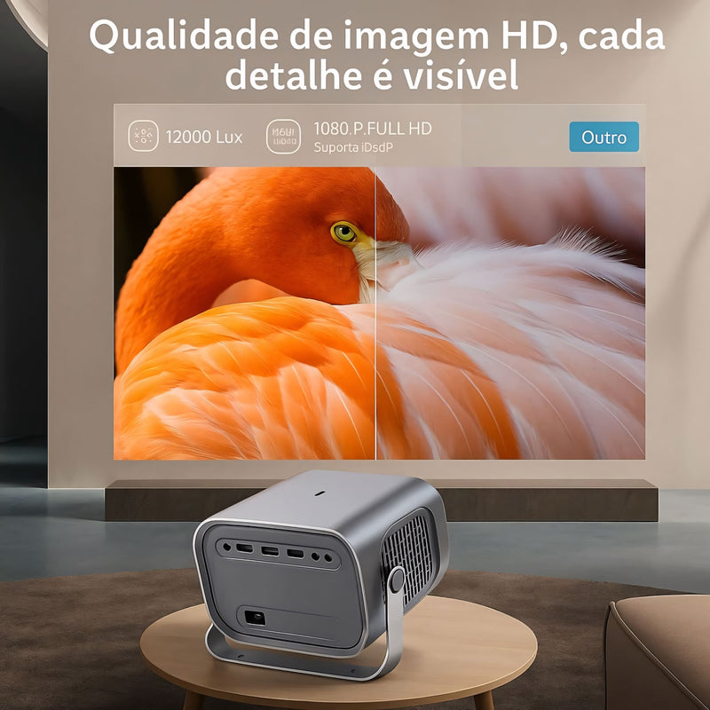 Projetor portátil com Android, Wi-Fi e HDMI. Compacto, moderno e ideal para transformar qualquer espaço em um cinema com imagem de alta definição e ampla conectividade.