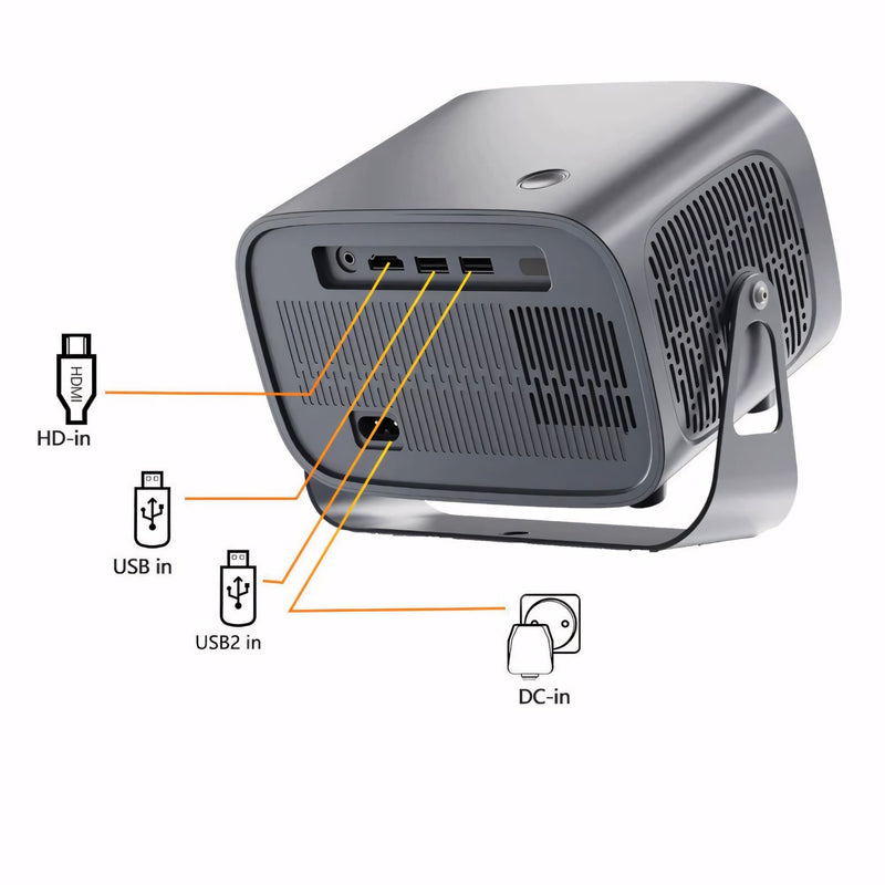Projetor portátil com Android, Wi-Fi e HDMI. Compacto, moderno e ideal para transformar qualquer espaço em um cinema com imagem de alta definição e ampla conectividade.
