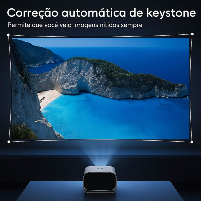 Projetor portátil com Android, Wi-Fi e HDMI. Compacto, moderno e ideal para transformar qualquer espaço em um cinema com imagem de alta definição e ampla conectividade.
