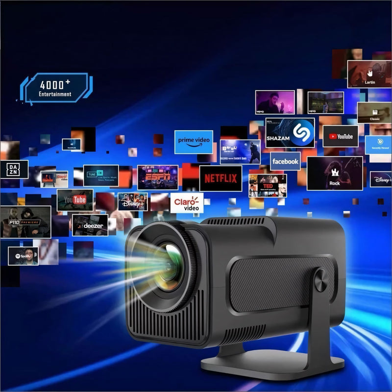 Projetor inteligente portátil com imagem em alta definição, suporte 4K, som integrado, Wi-Fi 6 e sistema Android. Ideal para casa, eventos ou apresentações.