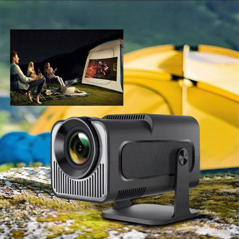 Projetor inteligente portátil com imagem em alta definição, suporte 4K, som integrado, Wi-Fi 6 e sistema Android. Ideal para casa, eventos ou apresentações.