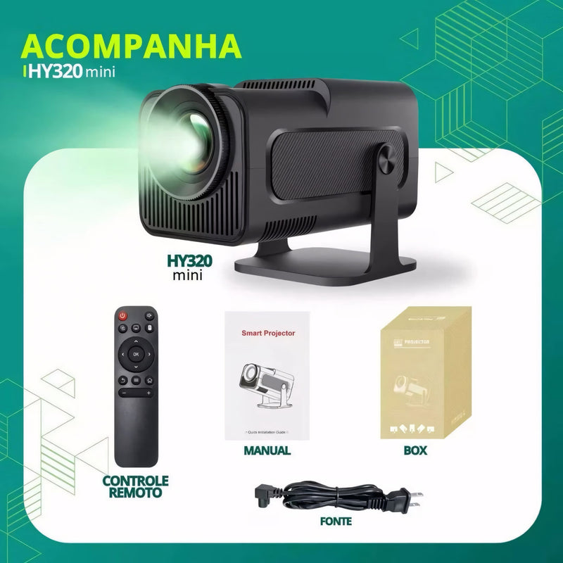 Projetor inteligente portátil com imagem em alta definição, suporte 4K, som integrado, Wi-Fi 6 e sistema Android. Ideal para casa, eventos ou apresentações.