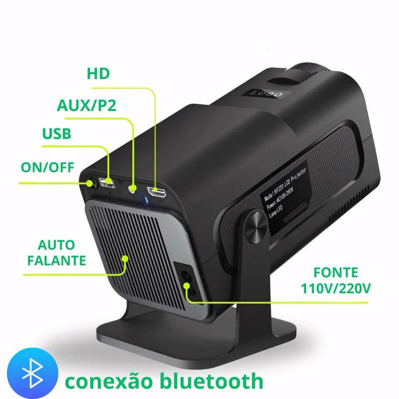 Projetor inteligente portátil com imagem em alta definição, suporte 4K, som integrado, Wi-Fi 6 e sistema Android. Ideal para casa, eventos ou apresentações.