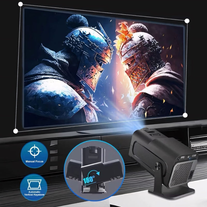 Projetor inteligente portátil com imagem em alta definição, suporte 4K, som integrado, Wi-Fi 6 e sistema Android. Ideal para casa, eventos ou apresentações.
