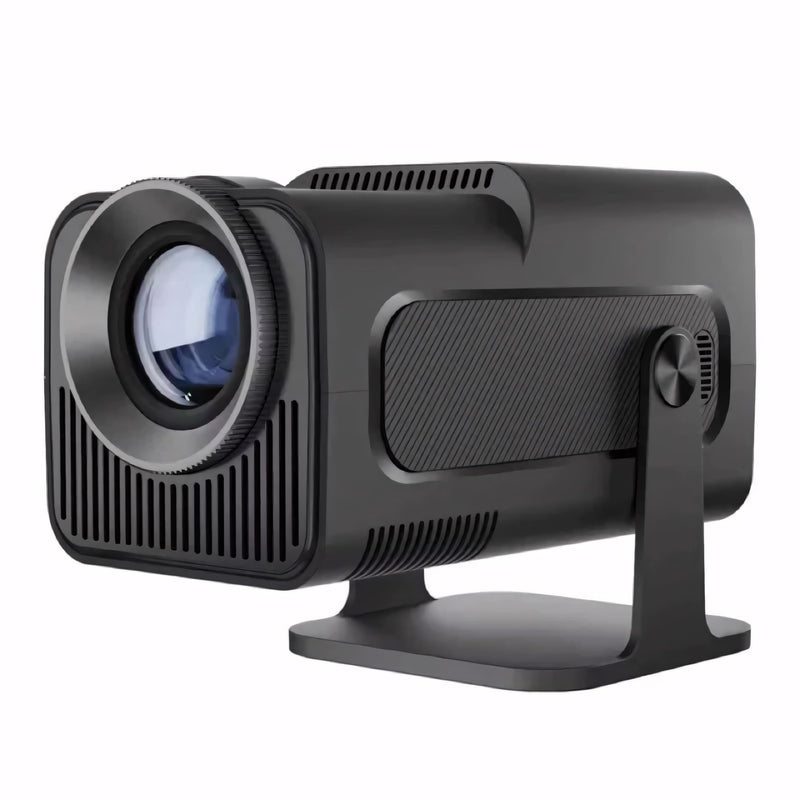 Projetor inteligente portátil com imagem em alta definição, suporte 4K, som integrado, Wi-Fi 6 e sistema Android. Ideal para casa, eventos ou apresentações.