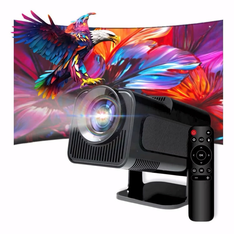 Projetor inteligente portátil com imagem em alta definição, suporte 4K, som integrado, Wi-Fi 6 e sistema Android. Ideal para casa, eventos ou apresentações.