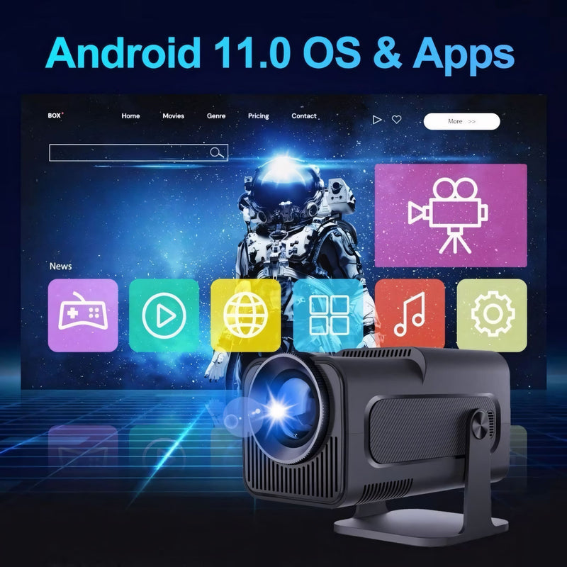 Projetor inteligente portátil com imagem em alta definição, suporte 4K, som integrado, Wi-Fi 6 e sistema Android. Ideal para casa, eventos ou apresentações.