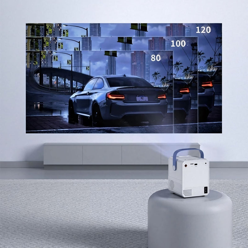 Projetor portátil inteligente com design moderno e alça superior, ideal para assistir filmes e apresentações em qualquer lugar. Conexões HDMI, USB e Wi-Fi, compatível com celular, notebook e TV box.