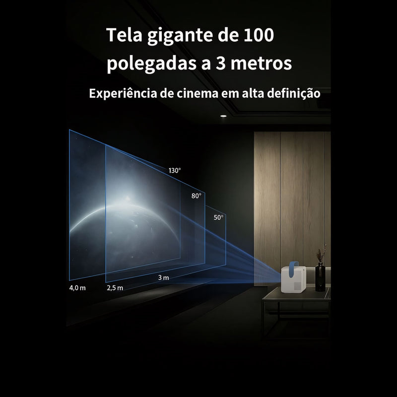 Projetor portátil inteligente com design moderno e alça superior, ideal para assistir filmes e apresentações em qualquer lugar. Conexões HDMI, USB e Wi-Fi, compatível com celular, notebook e TV box.