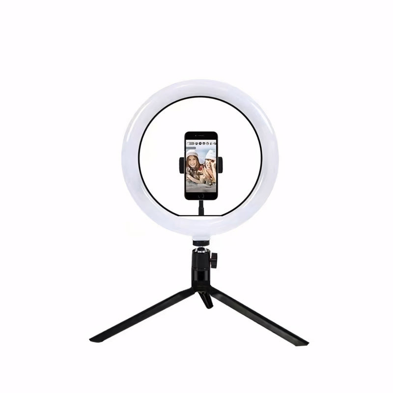 Ring Light profissional de 12 polegadas com tripé ajustável até 2,1m, controle de intensidade embutido, 3 tons de luz e suporte de celular central. Ideal para gravações, fotos e lives.