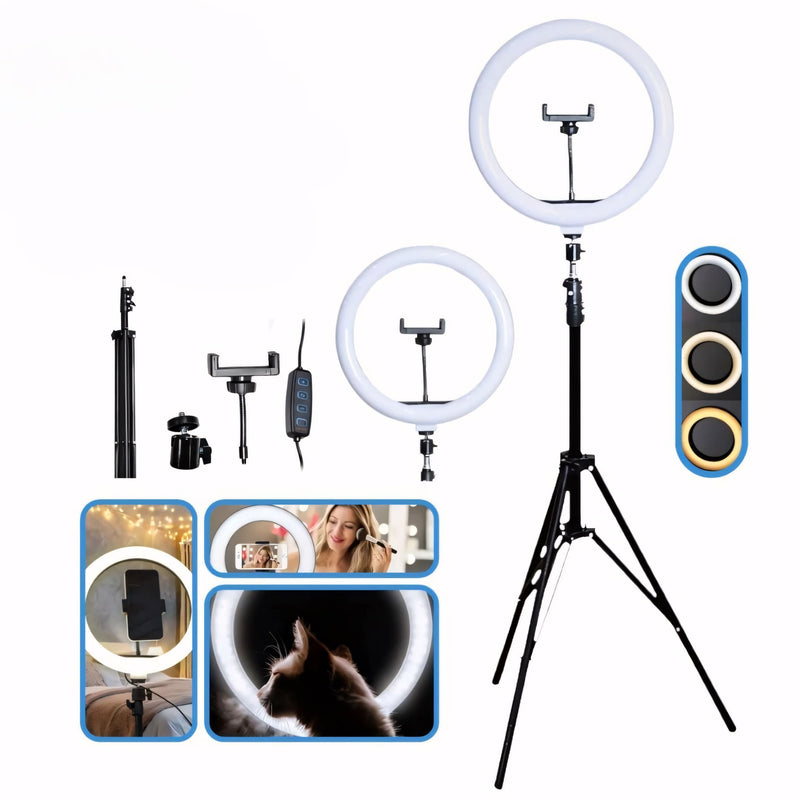 Ring Light profissional de 12 polegadas com tripé ajustável até 2,1m, controle de intensidade embutido, 3 tons de luz e suporte de celular central. Ideal para gravações, fotos e lives.